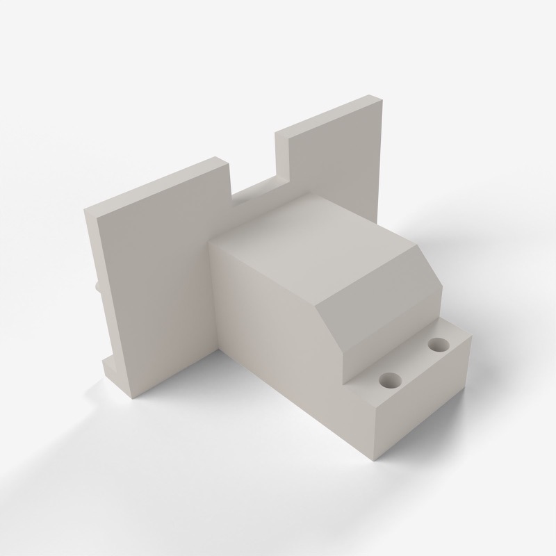 Three-quarter view of the off-white sensor bracket: a tall back plate with a notch in its top edge, joined to a block with a chamfered top that steps down to a ledge with two screw holes.