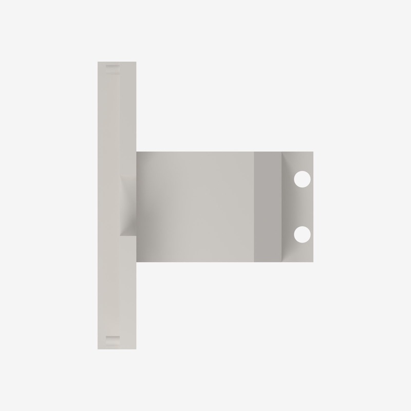 Plan view of the bracket from above: the long back plate and the block with its two screw holes, forming a T.