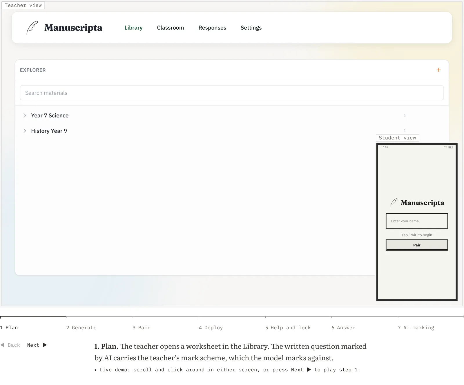 The Manuscripta teacher app's library and the student tablet's pairing screen.